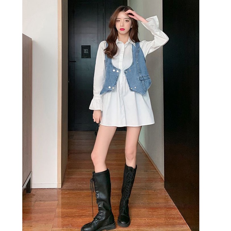 Set váy sơ mi dáng ngắn tay bồng xòe mix áo gile HV702