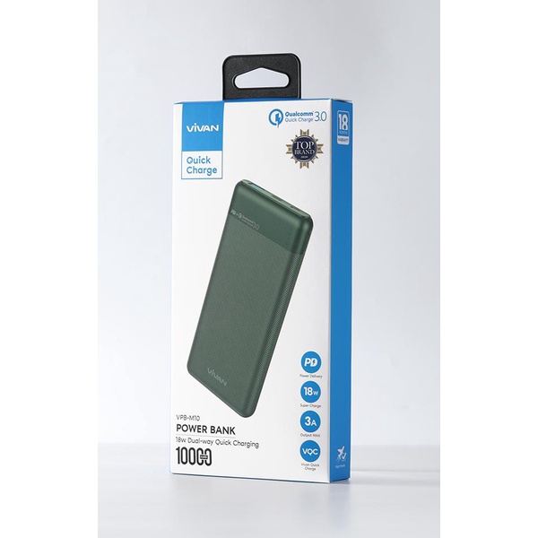 Pin sạc dự phòng power bank VIVAN VPB-M10 18W 10000mAh Sạc nhanh chuẩn PD/QC 3.0 2 output 2 input - Bảo hành chính hãng