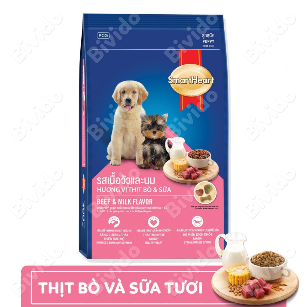 Thức ăn chó con Smartheart Puppy vị thịt bò và sữa tươi túi 1.5kg - Bivido