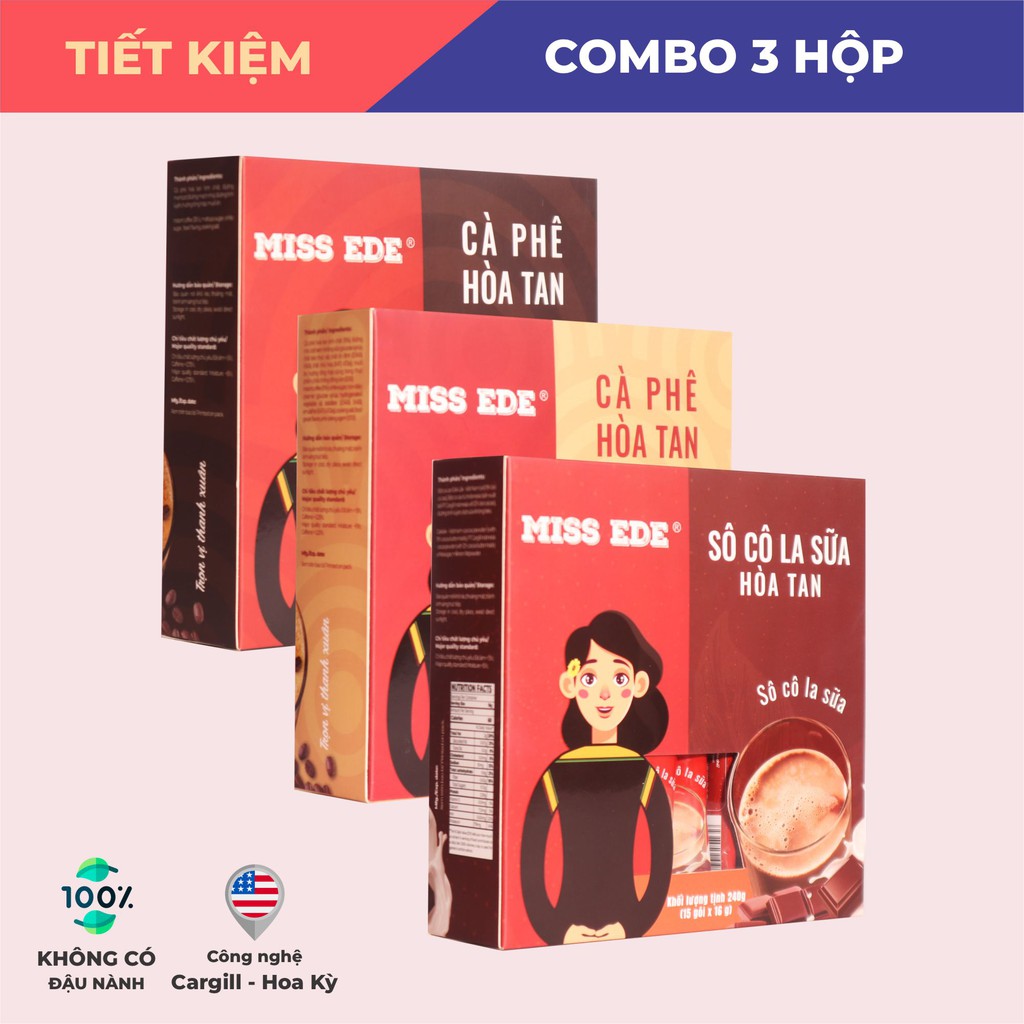 Bộ 3 sản phẩm hoà tan cao cấp: Cà phê 3in1, cà phê đen đá, Sô cô la sữa MISS EDE