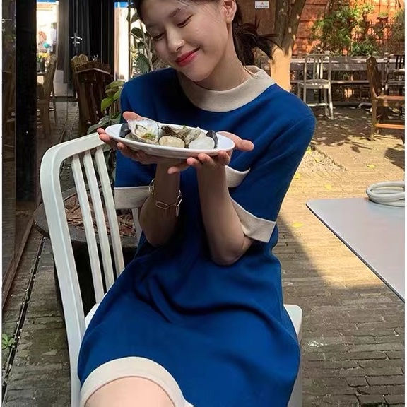 SUXI Đầm Dệt Kim Tay Ngắn Cổ Tròn Thiết Kế Đơn Giản Phong Cách Vintage