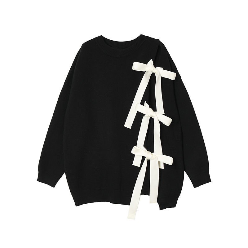 Áo Sweater Dệt Kim Dáng Rộng Màu Đen Đính Nơ Thời Trang Mùa Thu 2022 Cho Nữ