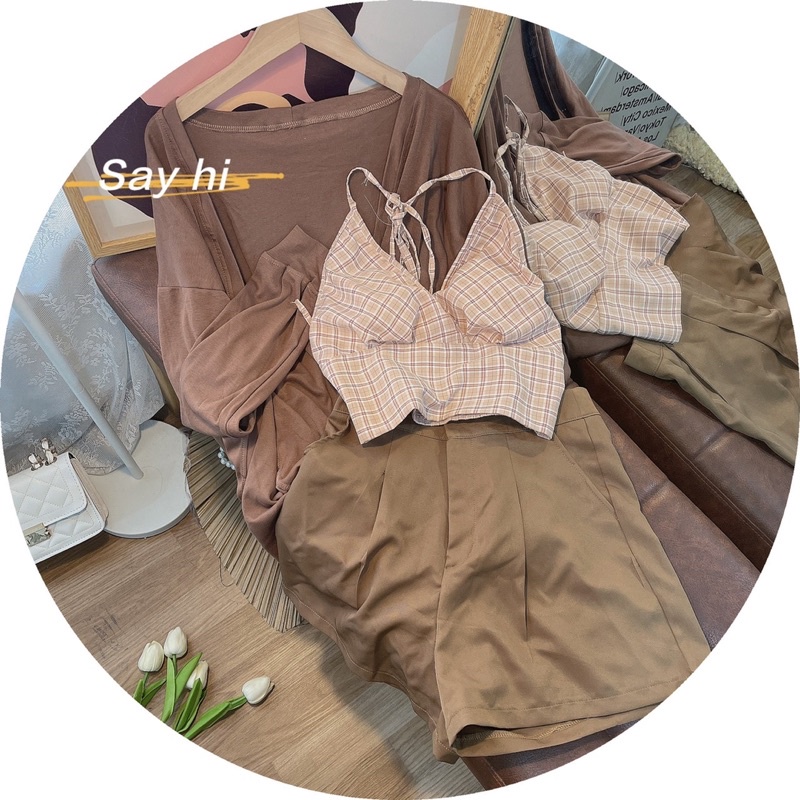 Set nâu 3 món kèm bra quần short VIBES