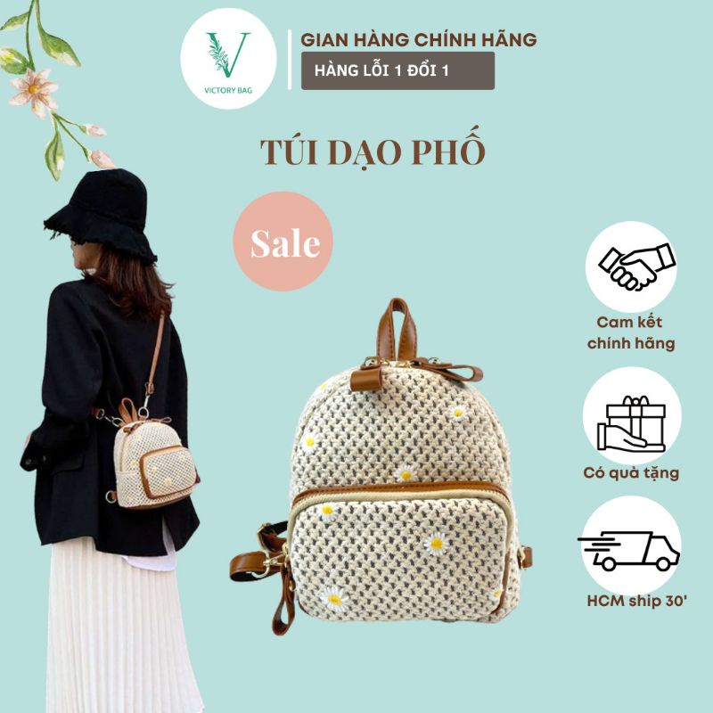 Balo Mini Cói Thêu Hoa Cúc, Thời Trang Cute Dành Cho Nữ, SKU: 258, VICTORY