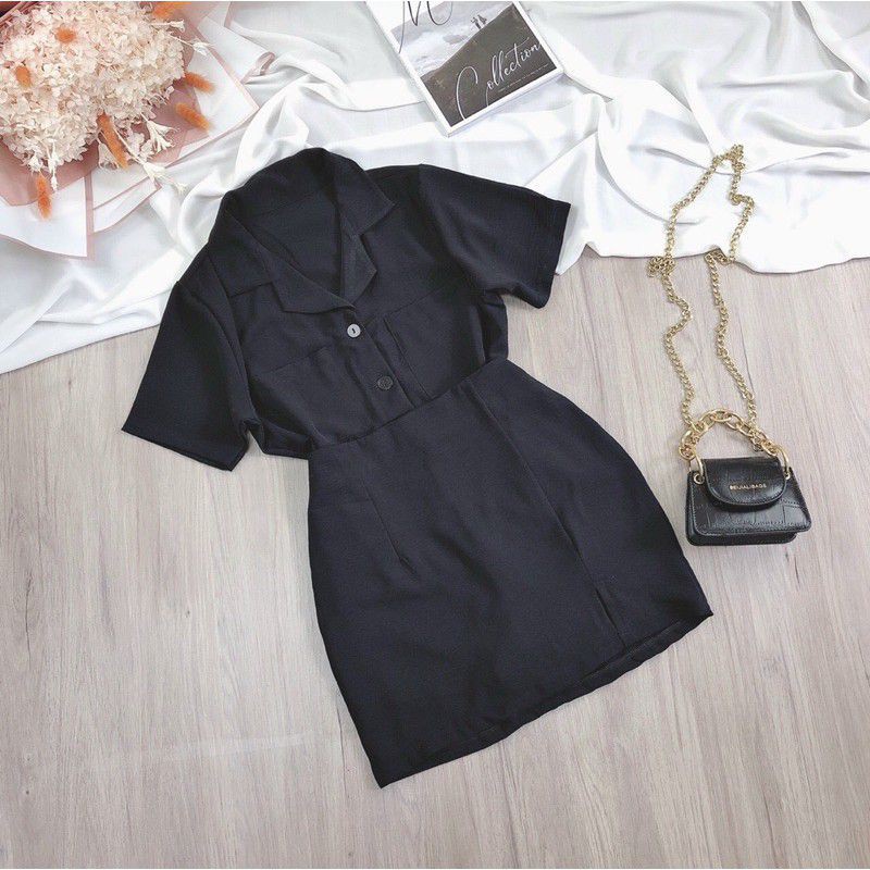 Sét áo cổ bẻ + chân váy có quần trong kiểu vest chất vải đũi hàng y hình (free size từ 42-53kg)