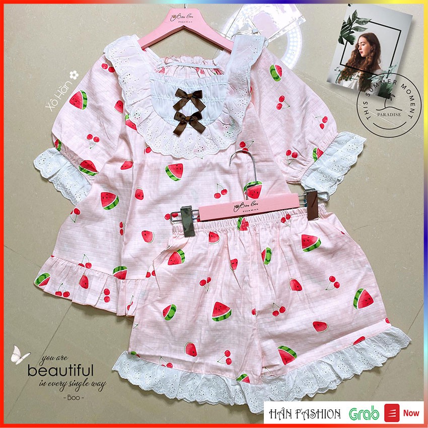 Bộ Ngủ Ren Xô Hàn – Đồ Ngủ Nữ Tay Ngắn Quần Ngắn Hoạt Tiết Đẹp | Hân Fashion | Ship Nhanh 2h | BigBuy360 - bigbuy360.vn