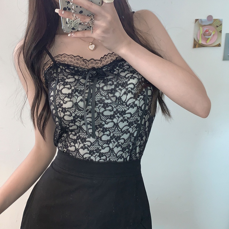 LD-Women’s Fashion Solid Color Lace Camisole Sexy Square Collar Exposed Navel Suspender Tops