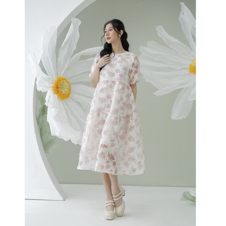 Váy suông midi nữ xếp tầng thắt nơ sau cách điệu, Đầm Organza thêu hoa cao cấp phong cách nữ tính