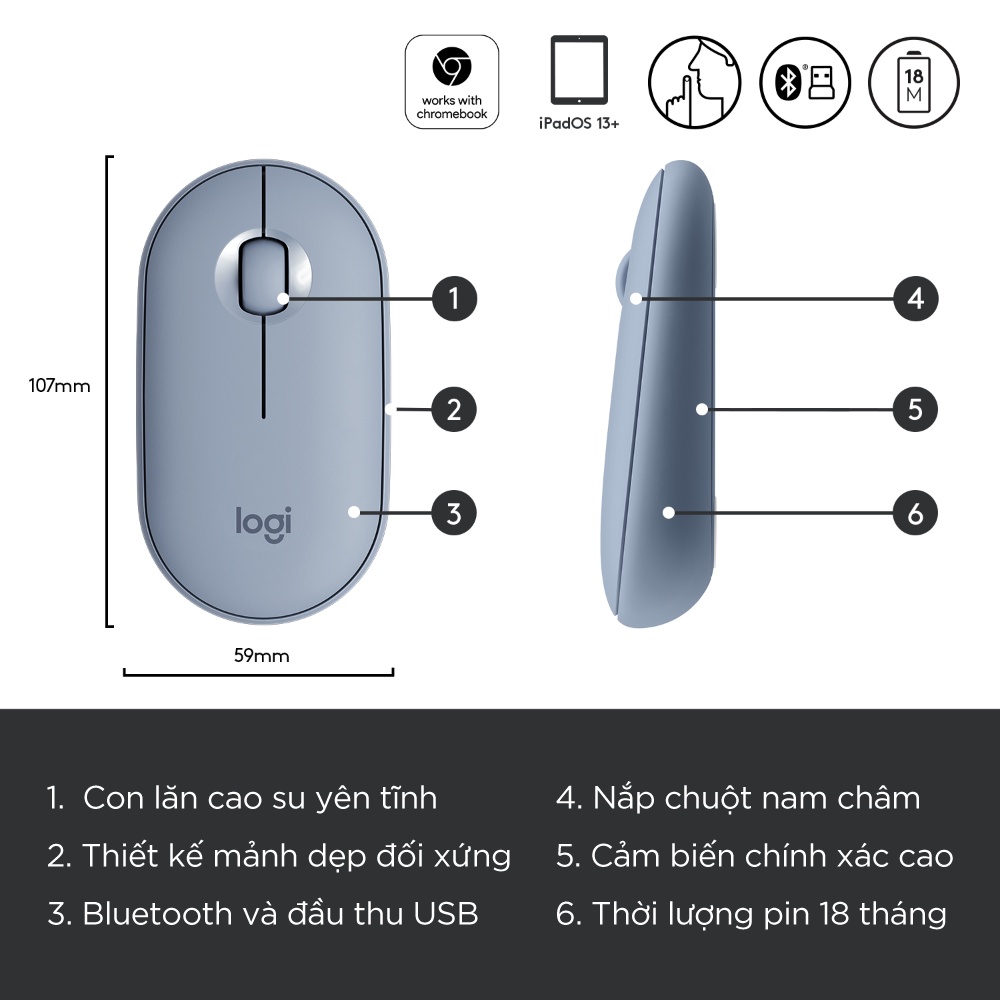 [Mã ELLOGIWL5 giảm 10% đơn 500K] Chuột không dây Logitech Pebble M350 – Bluetooth/ USB, nhỏ gọn, giảm ồn, MacOS / PC