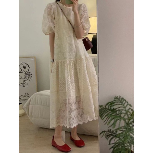 Váy trắng babydoll dáng dài ren hoa xinh đẹp