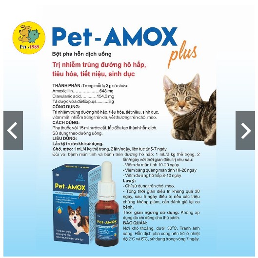 Dung Dịch Uống Pet-Amox Plus 3g Giảm Tiêu Chảy, Hô Hấp Cho Chó Mèo