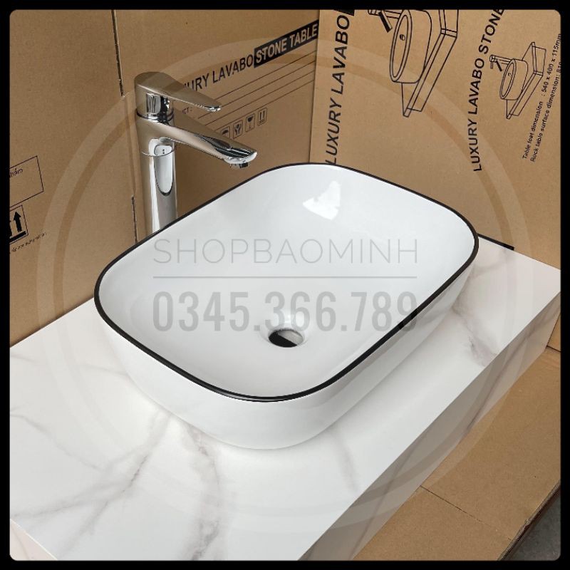 Chậu rửa mặt - Lavabo chữ nhật đặt bàn cao cấp, kích thước 46x33x14cm.