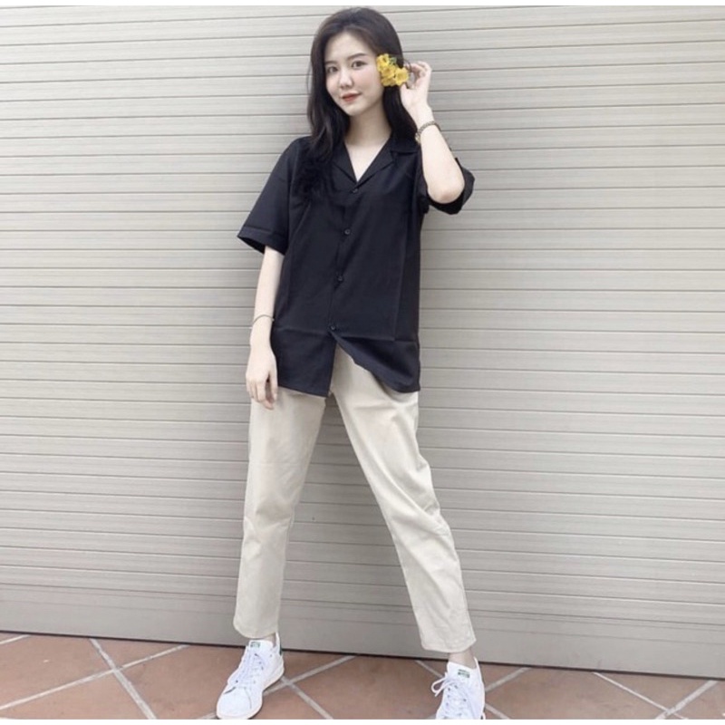 Áo SOMI TAY NGẮN Cổ Vest Vải Lụa Trắng Đen Nam Nữ Unisex