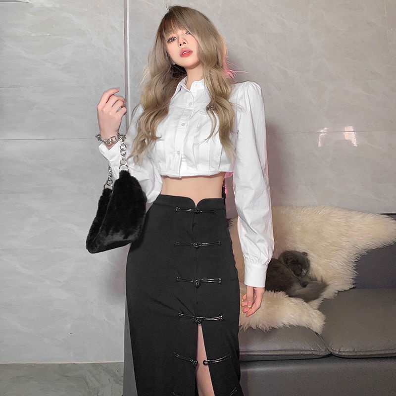 Chân Váy Xẻ Tà Lưng Cao Có Khóa Cài Phong Cách Trung Hoa Cổ Điển Quyến Rũ Thời Trang Cho Nữ