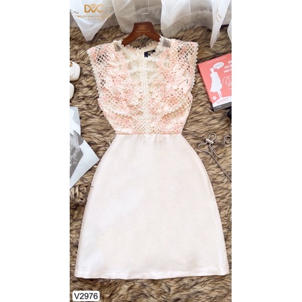 V2976 váy ren dáng chữ A màu hồng và màu be sữa