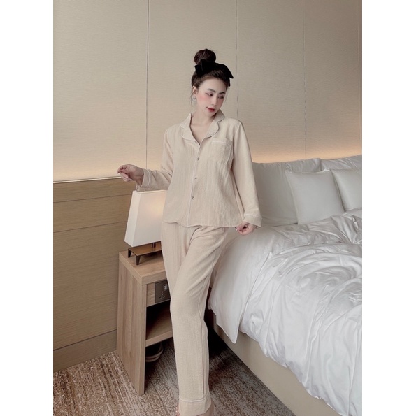 Bộ Pijama mặc nhà Nữ mẫu đũi xốp trơn, Đồ ngủ Thu Đông Áo dài quần dài xinh