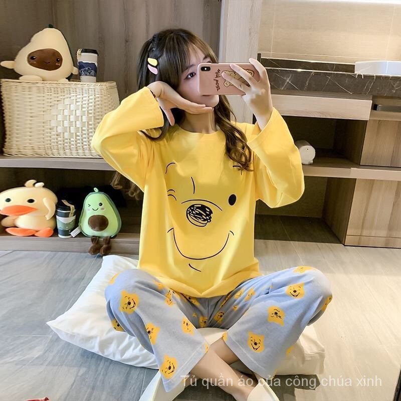 Bộ Đồ Ngủ Tay Dài Form Rộng In Họa Tiết Hoạt Hình Phong Cách Hàn Quốc Cho Nữ