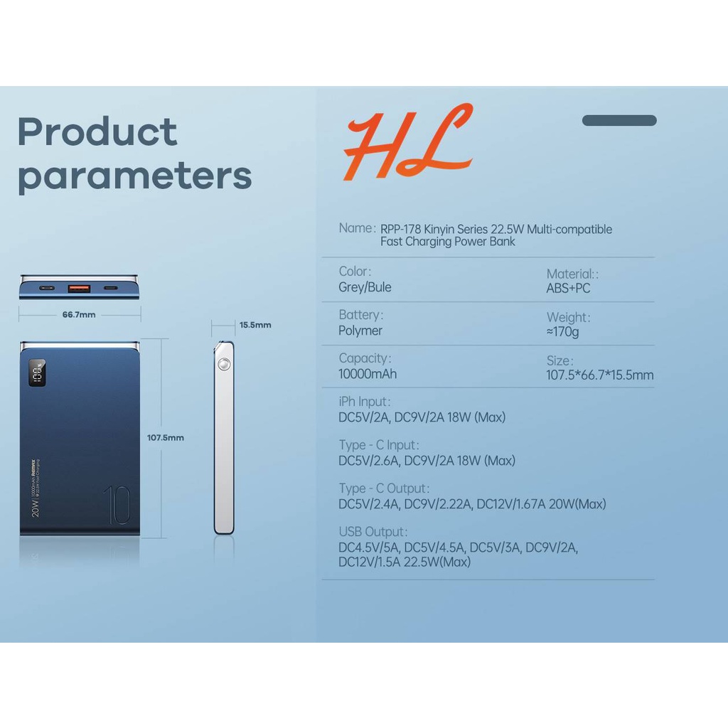 Pin Dự Phòng Mini Remax RPP-178 10000mAh (Sạc Nhanh QC3.0, VOOC 22.5W, Type-C PD20W) - Hưng Long PC