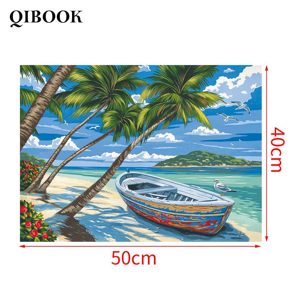 Bộ Tranh Sơn Dầu Diy Hình Cây Dừa Và Bãi Biển Kích Thước 40x50cm
