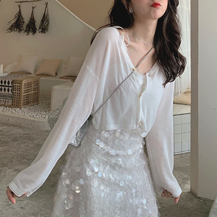 Áo Khoác Cardigan Dệt Kim Tay Dài Vải Lụa Len Mỏng Thời Trang Cho Nữ