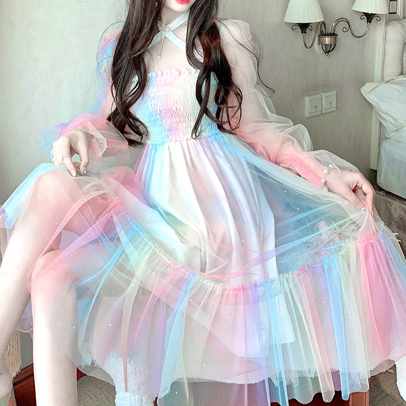 Đầm dài công chúa đầy màu sắc bầu trời lưới ren tay dài ulzzang ( 2 loại )