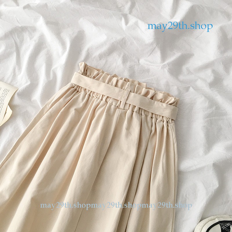 Sẵn hàng Chân váy kaki dáng dài kèm đai thắt đính khuy Vintage Hàn Quốc