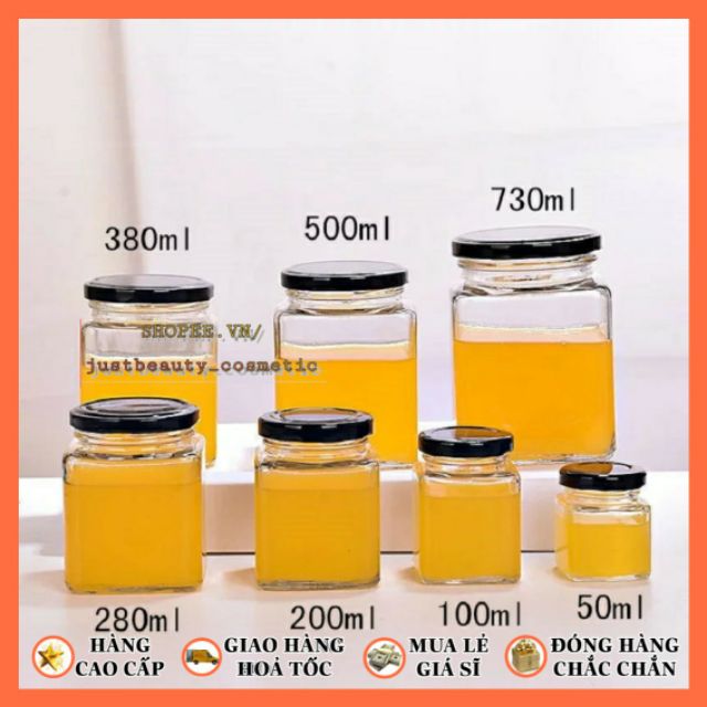 HŨ THỦY TINH VUÔNG 100ml 200ml 280ml 500ml 730ml LỌ ĐỰNG GIA VỊ miệng rộng nắp nhôm đựng gia vị mật ong lớn nhỏ