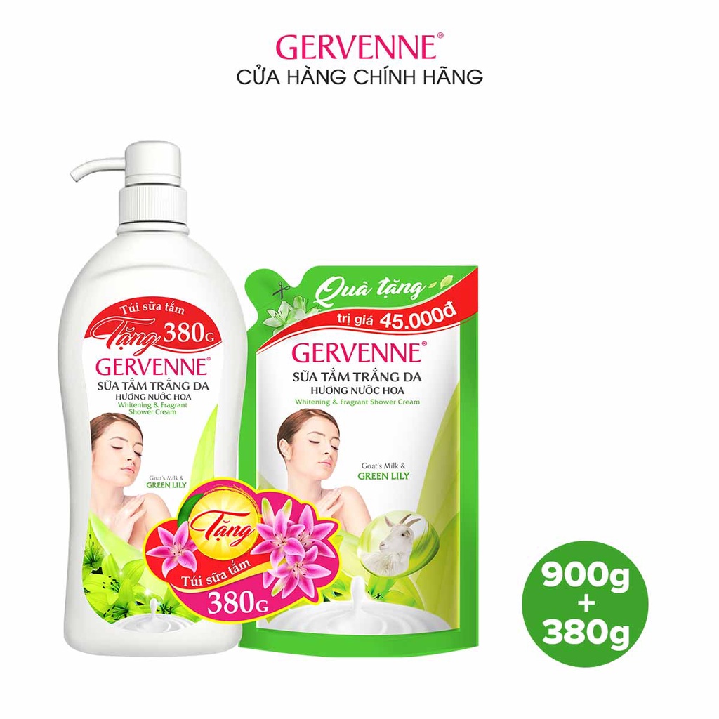 [Mã COSAGSBD5 giảm 8% đơn 150k] Gervenne Sữa tắm trắng da Green Lily 900gr - TẶNG túi sữa tắm 380gr