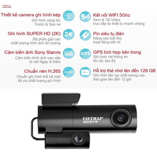 Camera hành trình Vietmap KC01 PRO có Wifi nết nối cảnh báo giao thông bằng giọng nói,độ phân giải 2k tặng thẻ nhớ 32gb