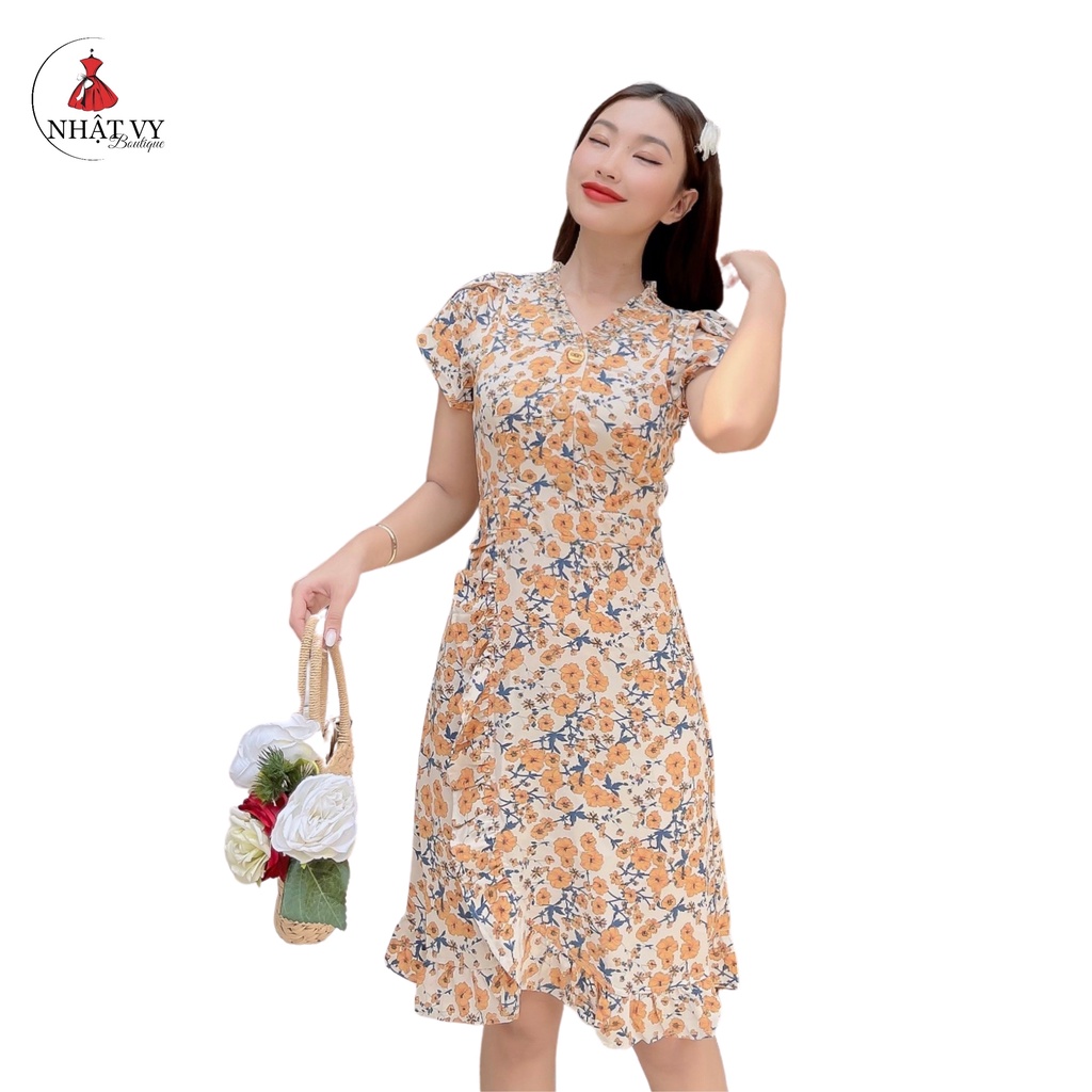 Đầm Công Sở NHẬT VY Body Cổ Nhún Bèo Tay Ngắn Chất Mango Màu Xanh, Vàng - D1940