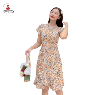 Đầm hoa công sở Nhật Vy tay ngắn cổ nhún bèo dáng ôm xẻ tà chất mango phù hợp đi chơi dạo phố - D1940