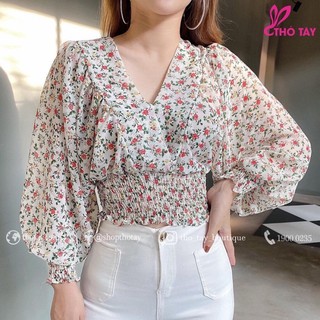 Áo voan hoa cổ đắp nhún eo nhiều màu - oak096