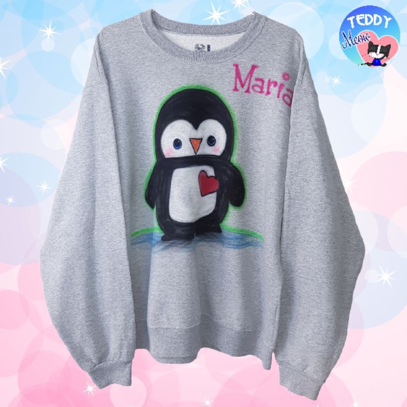 Áo thun nỉ sweater tay dài Unisex hình vẽ Penguin mặt trước siêu xinh, màu xám, bo thun gấu và tay áo, chất đẹp