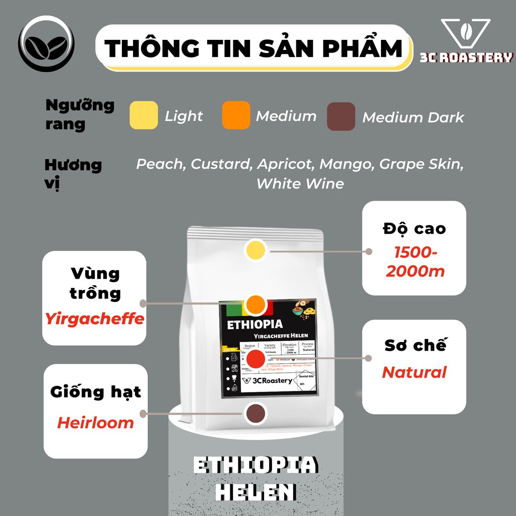 cà phê Arabica Ethiopia HELEN 3C ROASTERY nguyên chất pha espresso pha v60 cafe hạt giống Heirloom hậu ngọt - 200Gram | BigBuy360 - bigbuy360.vn