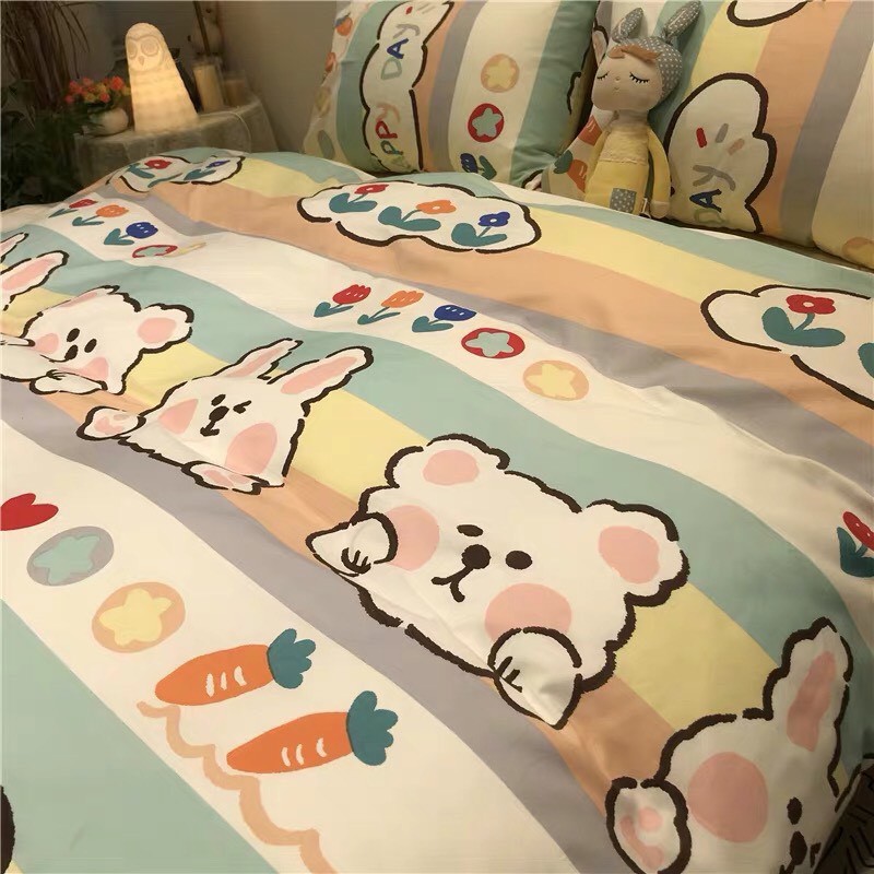 Bộ Chăn Ga Cotton Poly Emmidecor Mẫu thỏ hồng phiên bàn mới 2020