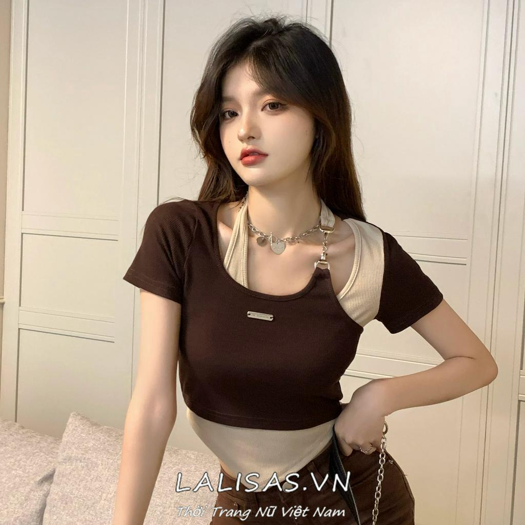 Lalisas Áo Thun Ngắn Tay Phối Kiểu Lệch Cá Tính Cho Nữ