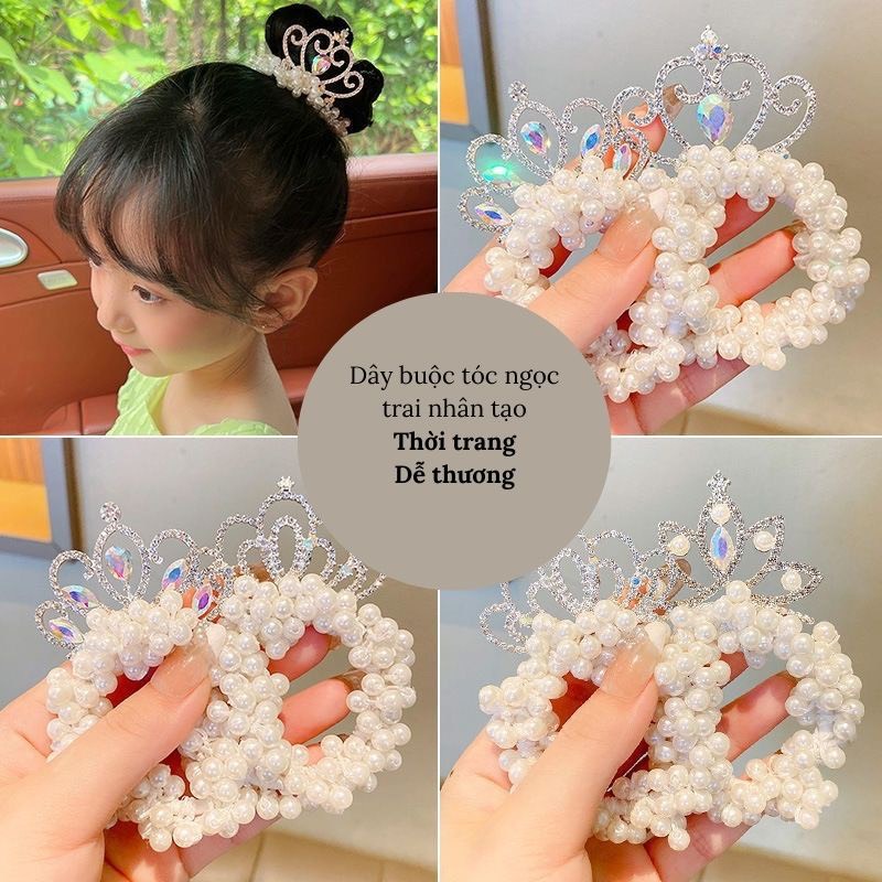 Dây buộc tóc đính đá vương miện, búi tóc đính đá vương miện ngọc trai siêu xinh cho bé gái