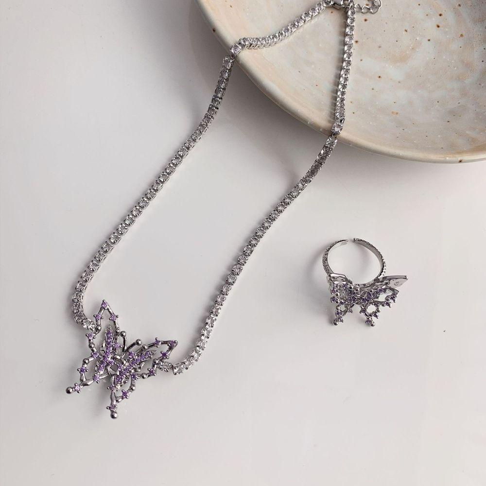 Dây Chuyền Mặt Hình Bướm Đính Đá Zircon Màu Tím Thời Trang|Hợp Kim|Vòng Cổ Choker Phong Cách Hàn Quốc