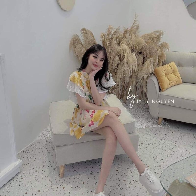 Váy hoa tơ tay bèo phối thô