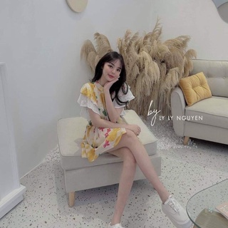 Váy hoa tơ tay bèo phối thô