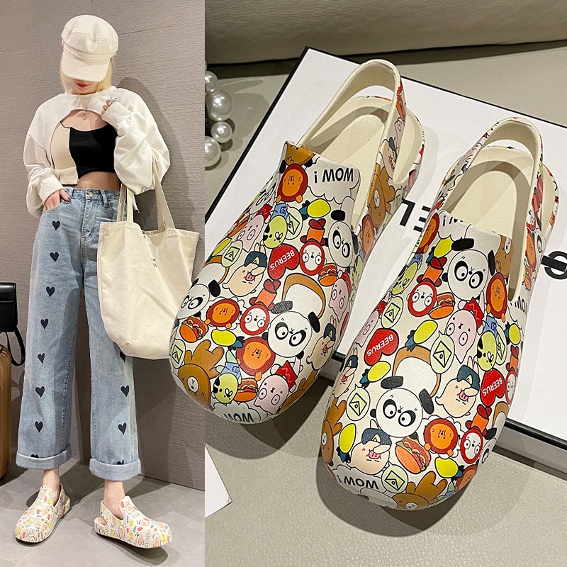 Giày sandal AYUER đế bằng phối họa tiết graffiti phong cách Hàn Quốc cho nữ
