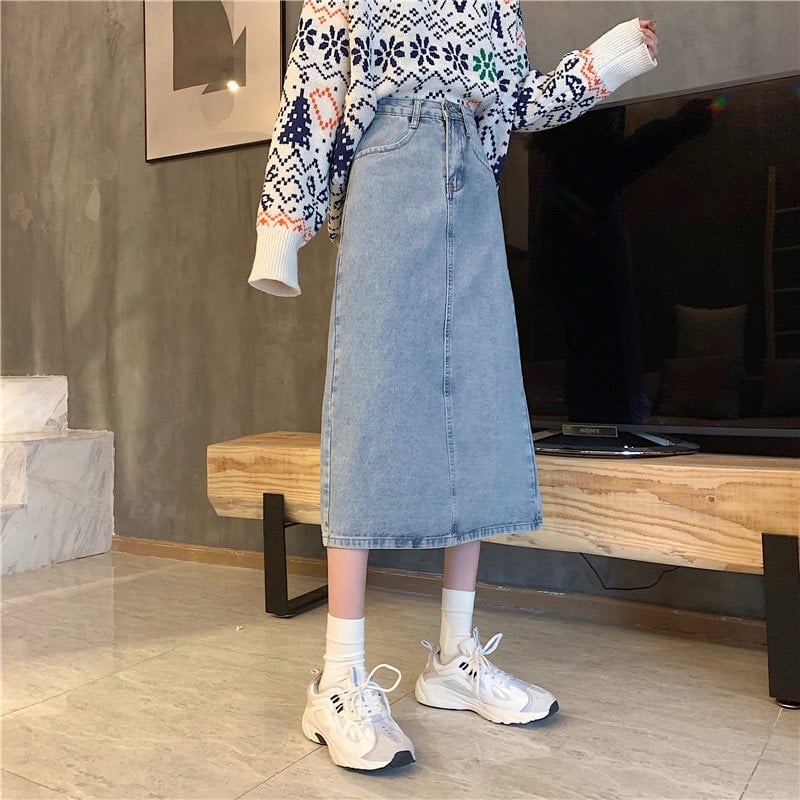 Chân Váy Jean Cạp Cao  Dài Qua Gối,Xẻ Sau,Váy Dáng A_A1