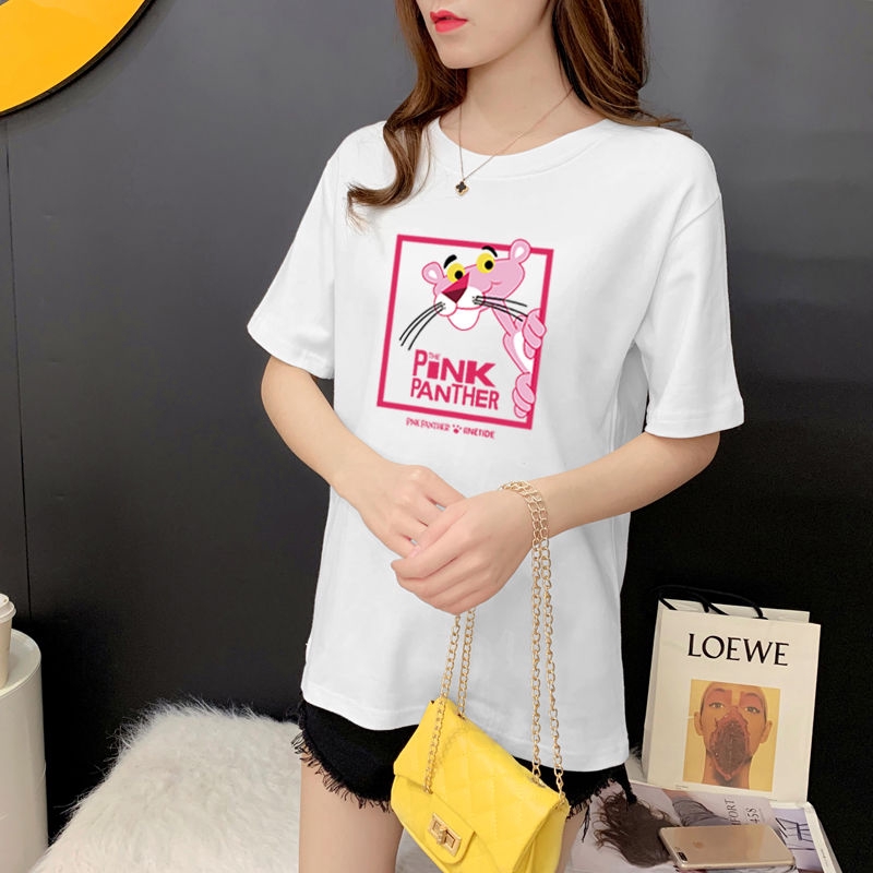 Áo thun cổ tròn ngắn tay in hình chú báo hồng phong cách Bts