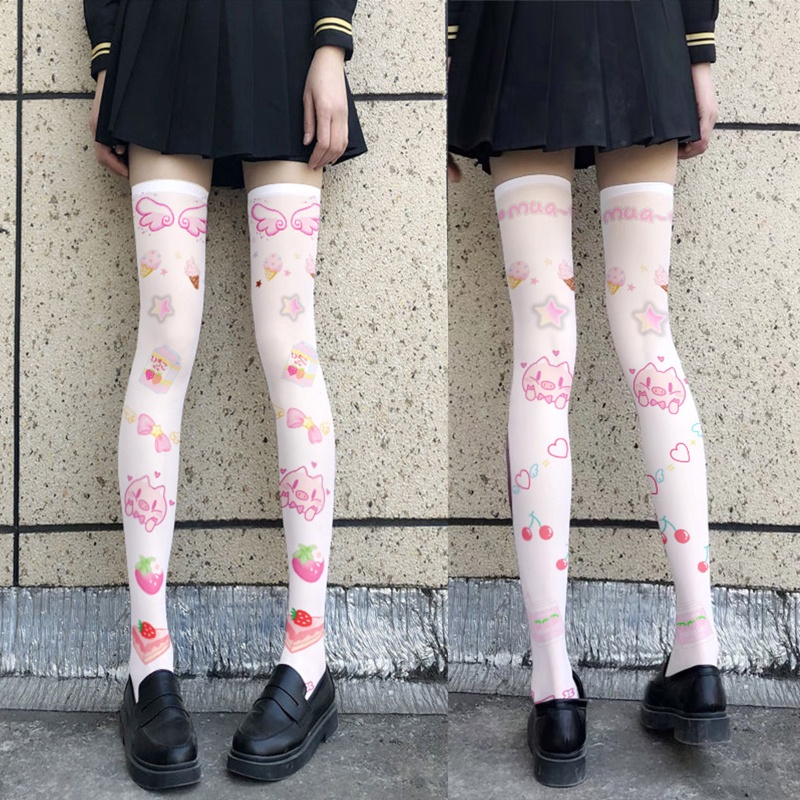 Tất Cao Ngang Đùi In Họa Tiết Hoạt Hình Phong Cách Lolita Nhật Bản Dễ Thương Cho Nữ