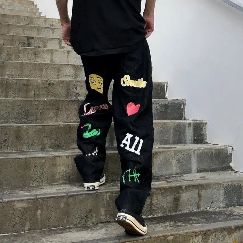 [Sẵn size L, M] Quần Jean ống rộng in nhiều hình phong cách hiphop