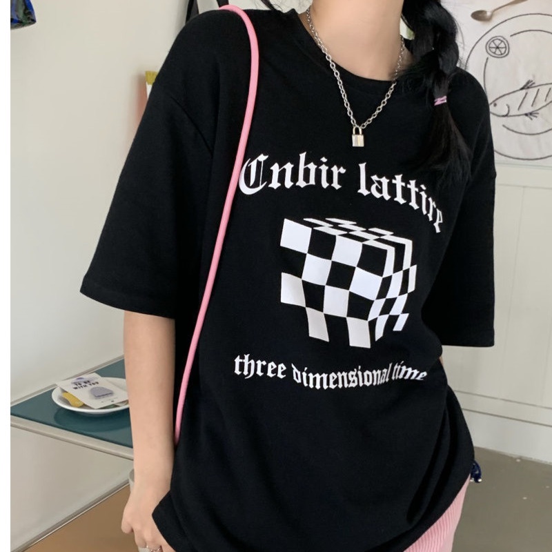 Áo Thun Tay Ngắn Cổ Tròn Dáng Rộng In Họa Tiết Caro Phong Cách Hàn Quốc Thời Trang