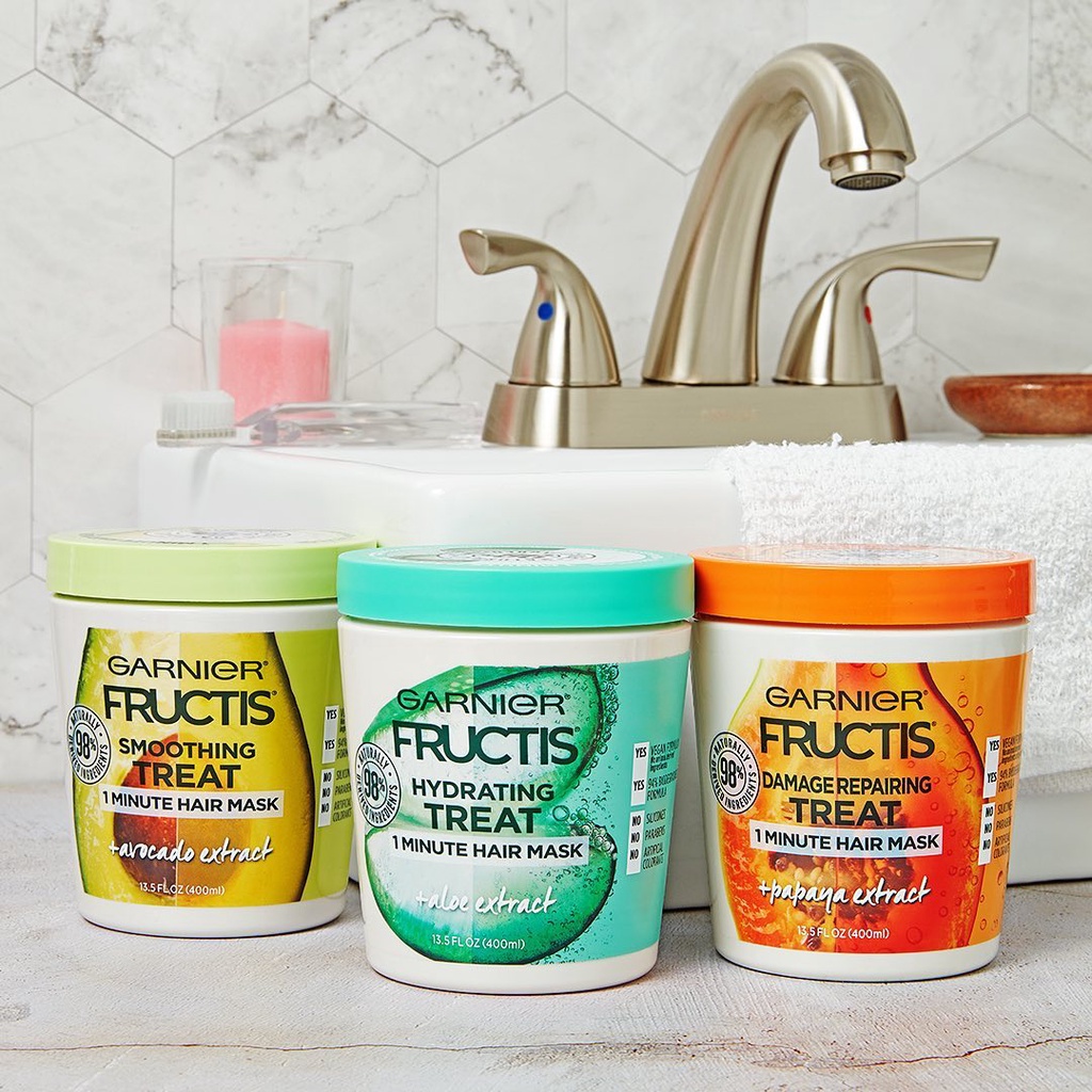 Kem ủ, xả và dưỡng tóc đa công dụng Mặt nạ tóc 1 phút Garnier Fructis one minute Hair Mask 400ml Bơ Đu đủ Dưa hấu của Mỹ