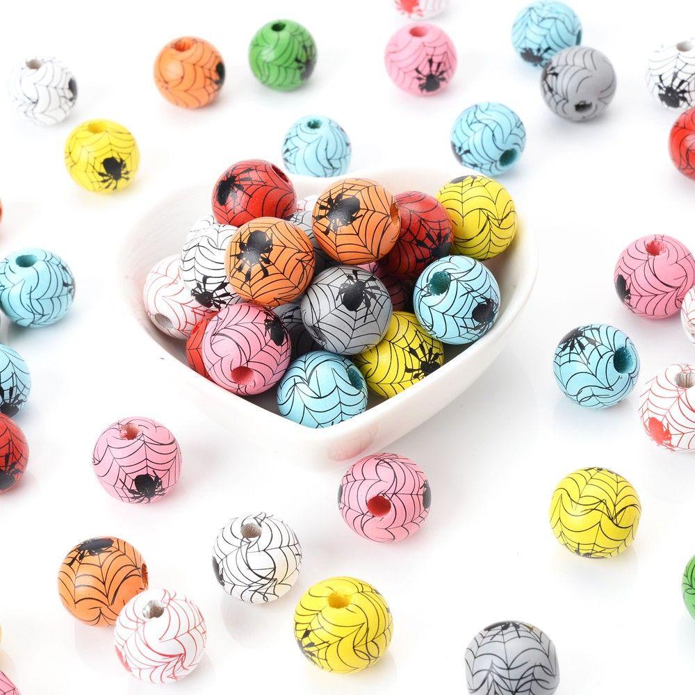 Hạt Gỗ Tròn Nhiều Màu Sắc In Họa Tiết Nhện 1 Cái VANES1 Dùng Làm Trang Sức / Dây