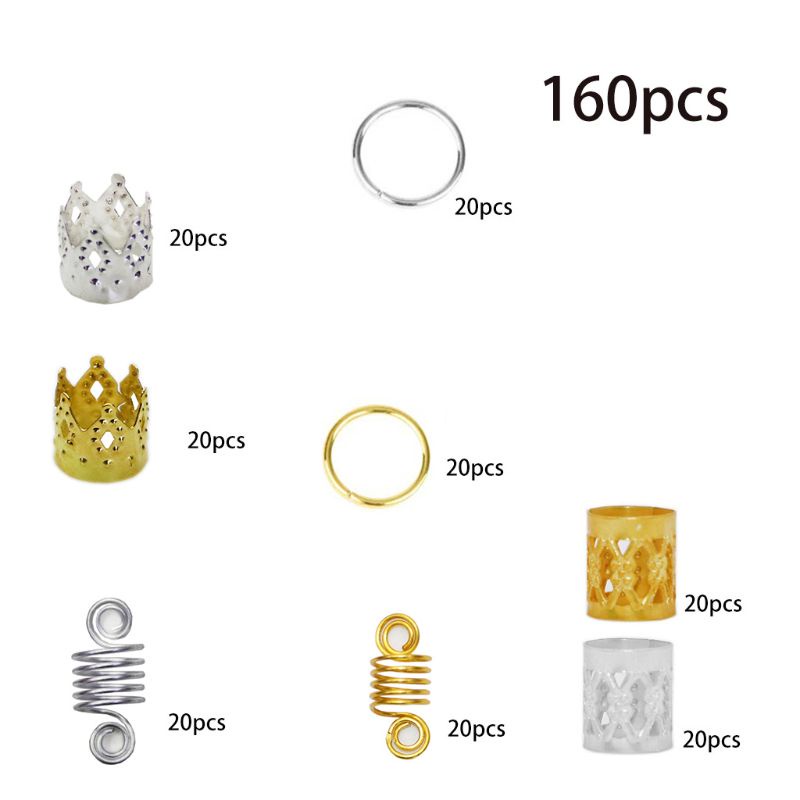 Bộ 160 Hạt Kim Loại Nhiều Kiểu Tự Xỏ Vòng Làm Tóc Dreadlocks