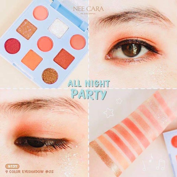 Bảng Phấn Mắt Nee Cara Tông Đỏ Đất Có Nhũ Và Lì Party All Night N137 No.02